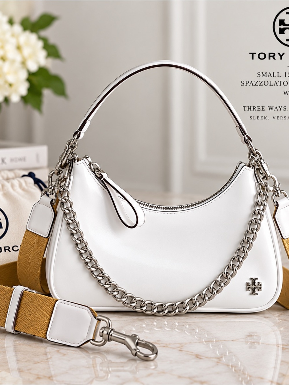 Tory Burch 151 Mercer Spazzolato Crescent Bag White